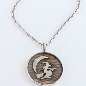 Sterling Silver Witch on Broom Pendant Necklace with Copper Moonlit Background